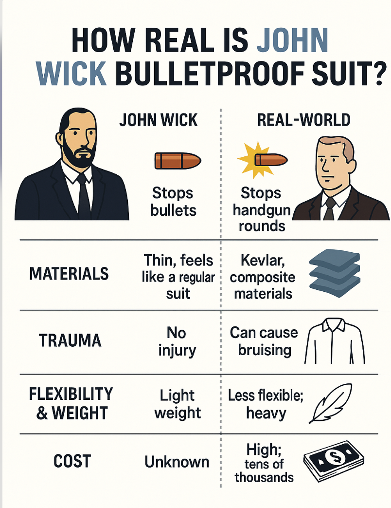 Comparison Chart for John Wick's bulletproof suit vs real life